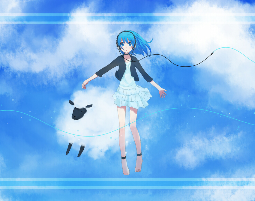 anklet bad_id bad_pixiv_id barefoot blue_eyes blue_hair cable cloud day flying headphones jewelry kosa_k original sheep skirt sky solo wind