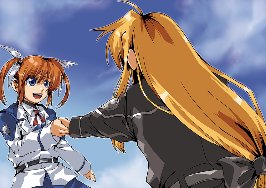 blonde_hair clipe duplicate fate_testarossa long_hair low-tied_long_hair lyrical_nanoha mahou_shoujo_lyrical_nanoha mahou_shoujo_lyrical_nanoha_a's military military_uniform multiple_girls purple_eyes red_hair takamachi_nanoha tsab_air_military_uniform tsab_executive_military_uniform uniform