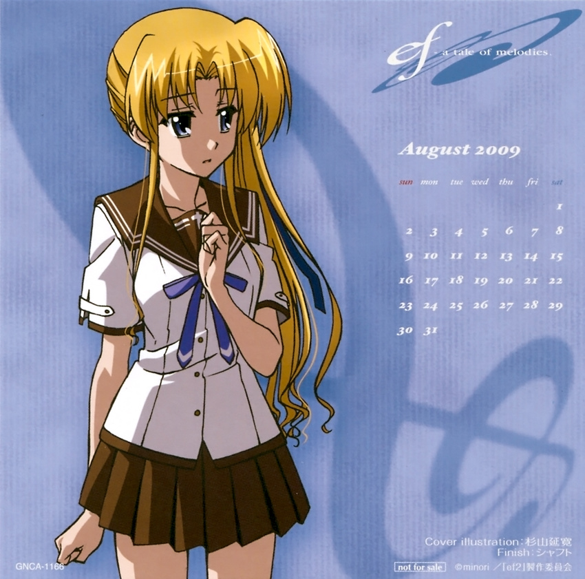 blonde_hair blue_eyes calendar_(medium) ef hayama_mizuki highres long_hair scan school_uniform side_ponytail solo sugiyama_nobuhiro