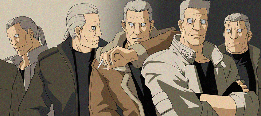 bad_id bad_pixiv_id batou cigarette clifford_(artist) comparison fingerless_gloves ghost_in_the_shell gloves male_focus multiple_persona ponytail
