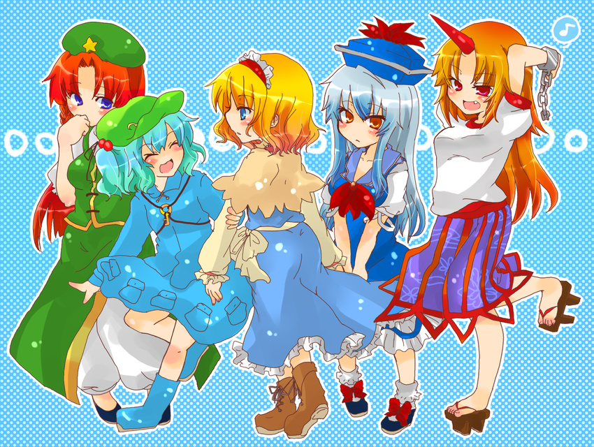 alice_margatroid bad_id bad_pixiv_id blonde_hair blue_eyes blue_hair braid chain china_dress chinese_clothes dress fang hair_bobbles hair_ornament hairband hat hong_meiling horn hoshiguma_yuugi kamishirasawa_keine kawashiro_nitori key long_hair multiple_girls polka_dot polka_dot_background red_eyes red_hair sandals short_hair takamura touhou twin_braids twintails two_side_up yellow_eyes