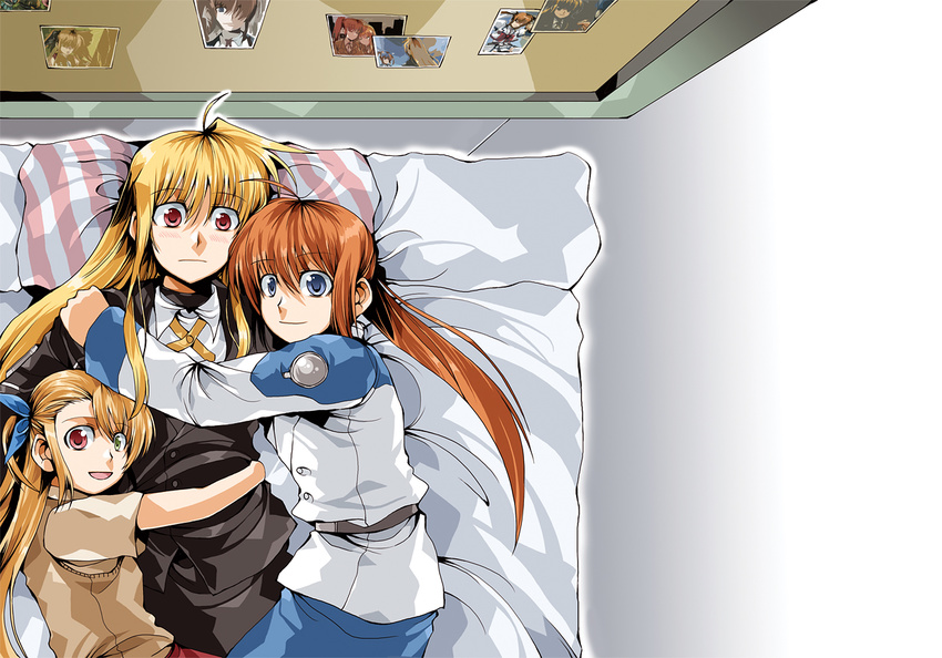 ahoge bed blonde_hair blush bow clipe fate_testarossa fingerless_gloves gloves green_eyes hair_ribbon heterochromia hug long_hair lyrical_nanoha magical_girl mahou_shoujo_lyrical_nanoha_strikers military military_uniform multiple_girls photo_(object) ponytail purple_eyes red_bow red_eyes red_hair ribbon short_twintails side_ponytail takamachi_nanoha thighhighs tsab_air_military_uniform tsab_executive_military_uniform twintails uniform vivio waist_cape