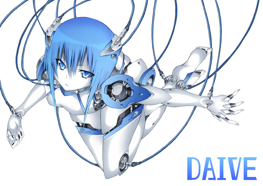 android barefoot blue_eyes blue_hair cable daive original pale_skin robot robot_joints short_hair solo