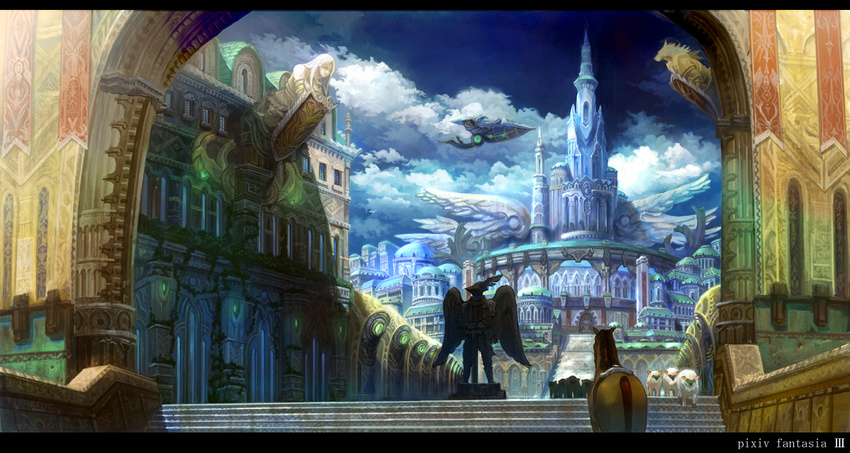 castle city cloud fantasy horse horseback_riding letterboxed no_humans pixiv_fantasia pixiv_fantasia_3 riding scenery sheep sky statue yansun