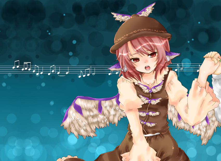 animal_ears bad_id bad_pixiv_id hat holding_hands music musical_note mystia_lorelei open_mouth out_of_frame pink_hair short_hair singing solo_focus takamura touhou