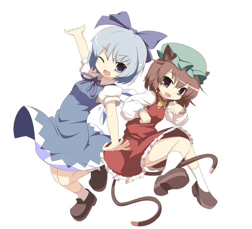 animal_ears blue_dress blue_eyes blue_hair bow brown_hair cat_ears cat_tail chen cirno dress hair_bow hat highres miko_machi multiple_girls multiple_tails one_eye_closed outstretched_arms paw_pose purple_eyes short_hair simple_background spread_arms tail touhou