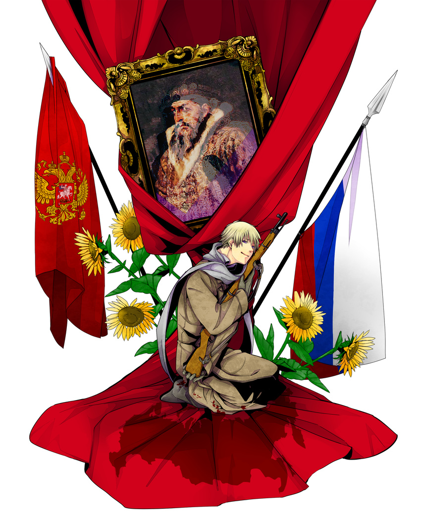 absurdres axis_powers_hetalia bad_id bad_pixiv_id beard blonde_hair blood bolt_action facial_hair flag flower gun highres ivan_the_terrible male_focus military military_uniform mosin-nagant portrait_(object) purple_eyes rifle russia russia_(hetalia) russian_flag scarf solo sunflower todoroki_sora uniform weapon