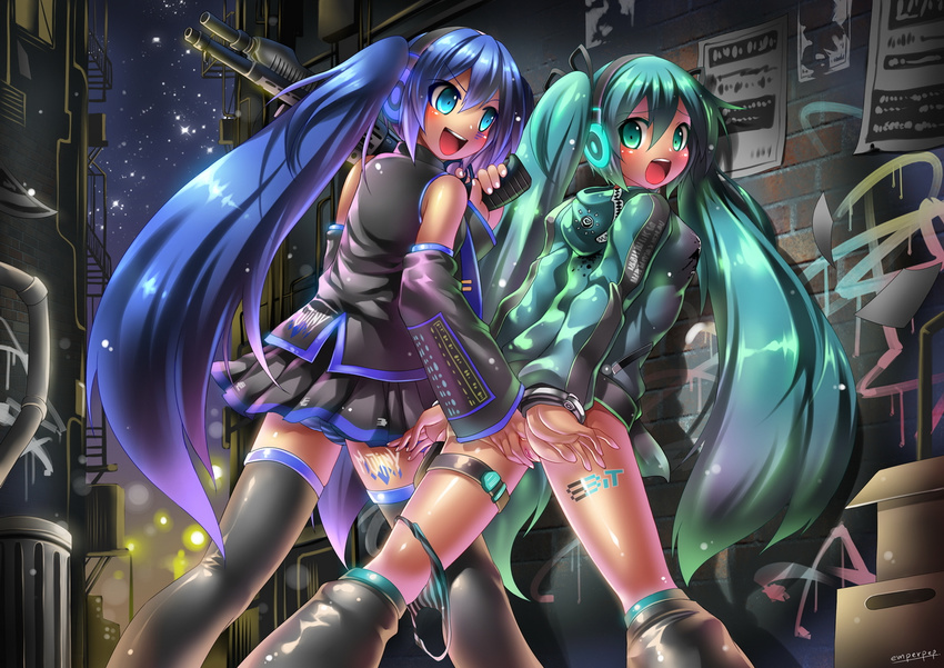 2girls 8bit alternate_hair_color anal anal_fingering apb arms_behind_back ass bdsm blue_eyes blue_hair blush bondage bound cuffs emperpep female fingering gun handcuffs hatsune_miku long_hair looking_back miku_hatsune multiple_girls mutiny night open_mouth outdoors panties purple_hair pussy reloaded selfcest shini shinidesu smile spread_legs standing twintails uncensored underwear vocaloid weapon yuri