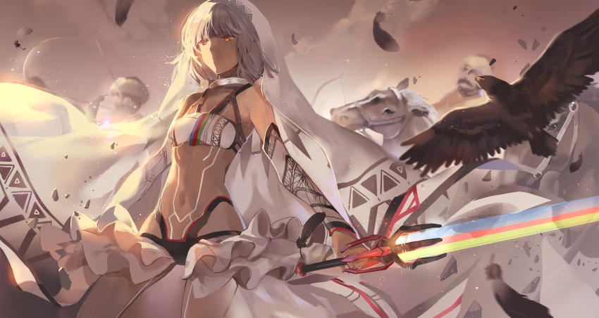 1boy 1girl absurdres altera_(fate) arrow bandeau bangs bare_shoulders bird black_panties bow_(weapon) breasts cloud commentary cowboy_shot detached_sleeves elise_(piclic) english_commentary facial_hair fate/extella fate/extra fate_(series) feathers frills highres holding holding_sword holding_weapon horse light_particles medium_breasts mustache outdoors panties red_eyes reverse_grip short_hair silver_hair standing stomach_tattoo sword tattoo thighs underwear veil weapon