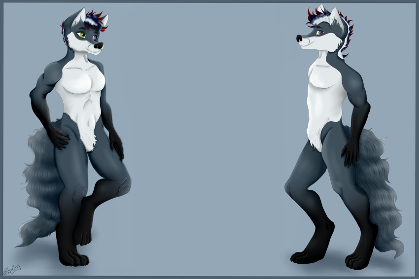 2018 anthro black_nose canine coldy_the_wolf different_eyes fur hair iroquois looking_at_viewer male mammal mspring nude russia russian simple_background smile standing wolf