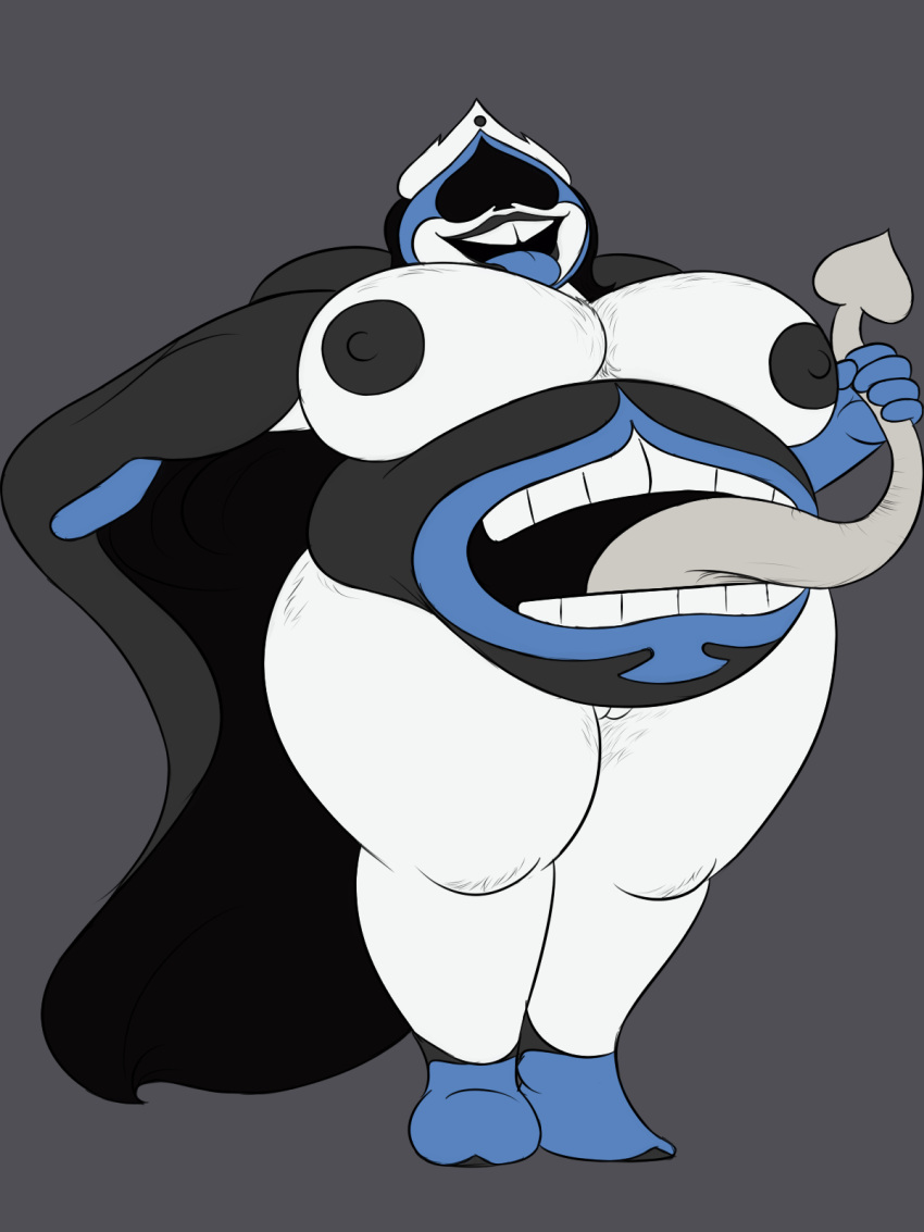 belly big_breasts big_thighs breasts cape clothing crossgender crown darkner deltarune female king_spade nipples overweight oystercatcher7 pussy simple_background solo stomach_mouth teeth tongue