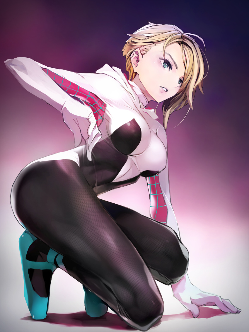 1girl blonde_hair blue_eyes bodysuit breasts commentary_request from_side gradient gradient_background gwen_stacy hand_up highres hood hood_down kneeling marvel medium_breasts purple_background short_hair solo spider-gwen spider-man_(series) superhero taishi_(picchiridou)