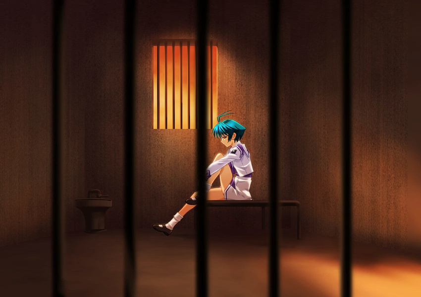 antenna_hair blue_hair bou game_cg leg_up muvluv prison school_uniform short_hair sitting skirt socks solo sunset window yoroi_mikoto