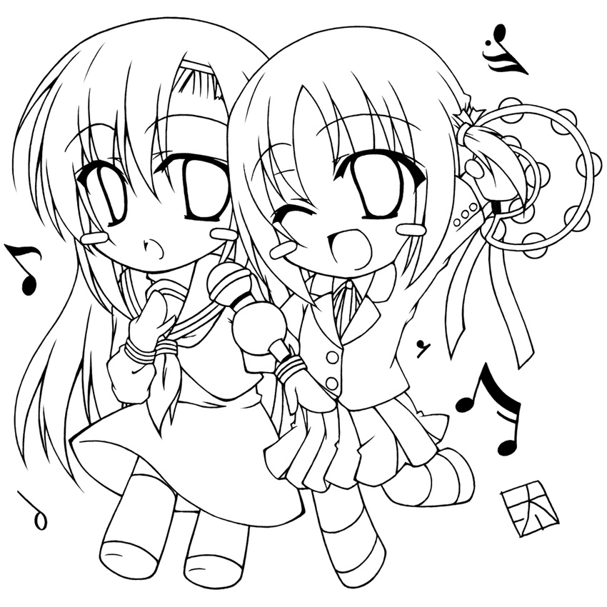 beamed_sixteenth_notes chibi dotted_sixteenth_note eighth_note eighth_rest greyscale half_note hayate_no_gotoku! highres instrument karaoke katsura_hinagiku lineart microphone monochrome multiple_girls musical_note nishizawa_ayumu one_eye_closed otamon school_uniform tambourine