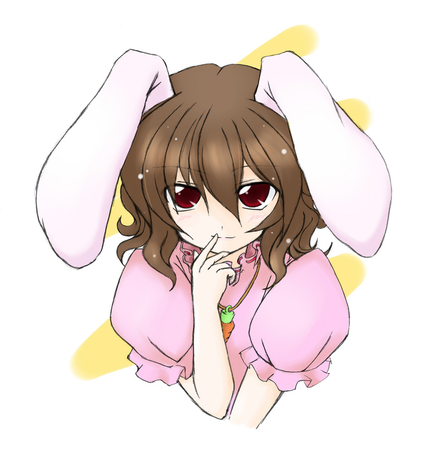 animal_ears brown_hair bunny_ears eku finger_to_mouth highres inaba_tewi red_eyes scheming short_hair solo touhou