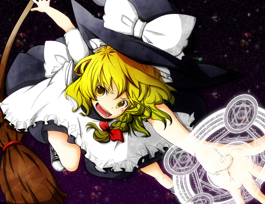 bad_id bad_pixiv_id blonde_hair broom colorized foreshortening grin hat hexagram kirisame_marisa ko-&gt;u magic_circle open_mouth outstretched_arm outstretched_hand popokabi sky smile solo star star_(sky) starry_sky touhou witch_hat yellow_eyes