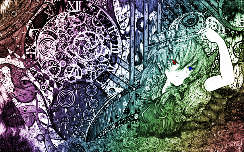 abstract bad_id bad_pixiv_id clock heterochromia izayoi_sakuya knife koohee solo touhou wallpaper