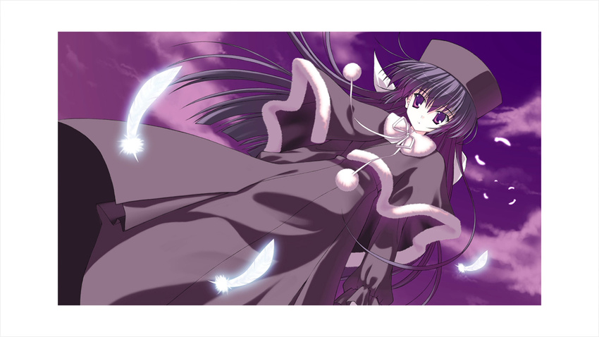 :o amamiya_yuuko black_coat black_eyes black_hair black_hat capelet coat dutch_angle ef feathers fur_trim hair_between_eyes hat highres long_hair long_sleeves nanao_naru parted_lips pom_pom_(clothes) solo standing very_long_hair white_feathers winter_clothes winter_coat