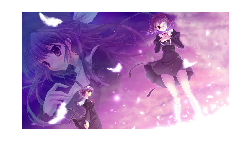 amamiya_yuuko ef end_card eyepatch feathers highres izumi_tsubasu legs multiple_girls school_uniform shindou_chihiro shindou_kei socks