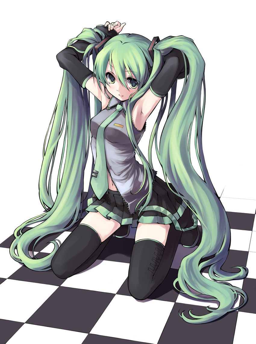 absurdres armpits arms_up checkered checkered_floor colorized detached_sleeves ginta green_eyes green_hair hatsune_miku highres long_hair navel necktie perspective saiste skirt solo thighhighs twintails very_long_hair vocaloid zettai_ryouiki