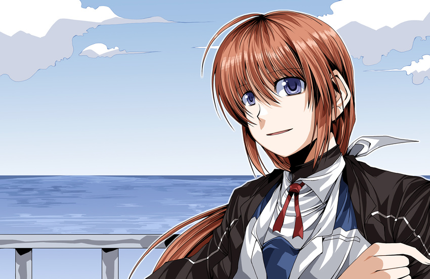 alternate_hairstyle blue_sky blush clipe cloud day looking_at_viewer lyrical_nanoha mahou_shoujo_lyrical_nanoha_strikers md5_mismatch military military_uniform ocean outdoors ponytail purple_eyes red_hair sky solo takamachi_nanoha tsab_air_military_uniform tsab_executive_military_uniform uniform upper_body water