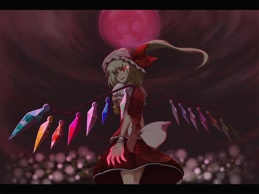 blonde_hair fang flandre_scarlet hat kanato moon one_side_up red_eyes ribbon skirt solo touhou wings