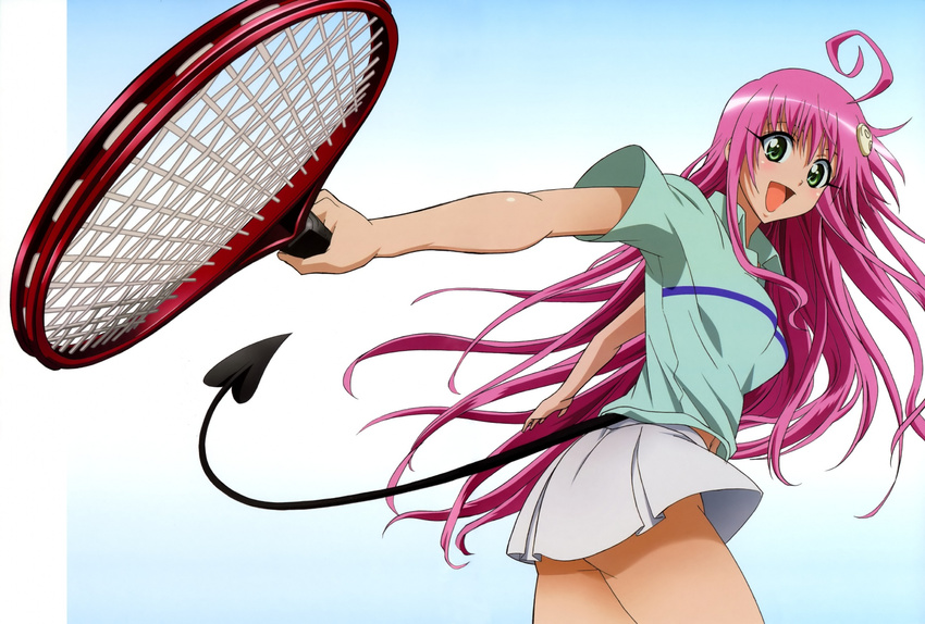 :d ahoge artist_request blush demon_tail foreshortening green_eyes hair_ornament highres lala_satalin_deviluke long_hair no_panties open_mouth peke pink_hair racket simple_background skirt smile solo sportswear tail tennis_racket tennis_uniform to_love-ru upskirt very_long_hair