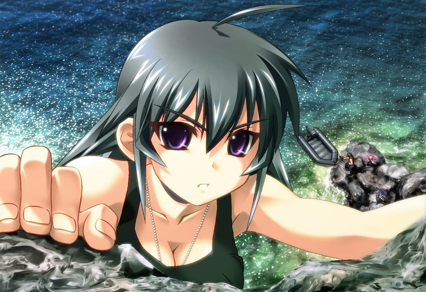 3girls ahoge ayamine_kei black_hair boat bou breasts character_request cleavage climbing game_cg jewelry large_breasts multiple_girls muvluv necklace purple_eyes scenery tamase_miki tank_top water watercraft