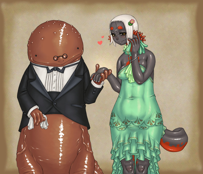 1girl axolotl bangle bare_shoulders black_jacket bow bowtie bracelet breasts brown_background brown_eyes cocktail_dress collared_shirt couple cummerbund dress facial_mark feet_out_of_frame formal frills furry gathers giant_salamander gills glasses green_dress grey_skin hair_ornament hand_up handkerchief hellbender hetero holding_hands interspecies jacket jewelry jon_henry_nam long_sleeves looking_at_another medium_breasts monster_girl multicolored multicolored_skin original pince-nez salamander shiny shiny_skin shirt short_hair sleeveless sleeveless_dress smile standing tuxedo two-tone_skin white_hair white_shirt wide_hips