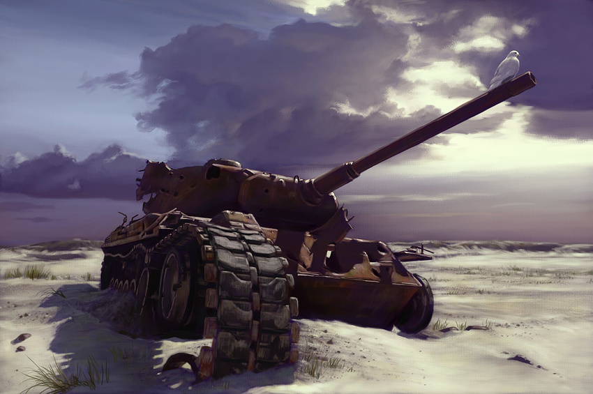 broken caterpillar_tracks cloud copyright_request dove ground_vehicle ilmizu landscape leopard_1 military military_vehicle motor_vehicle no_humans no_lineart scenery sky tank tank_focus