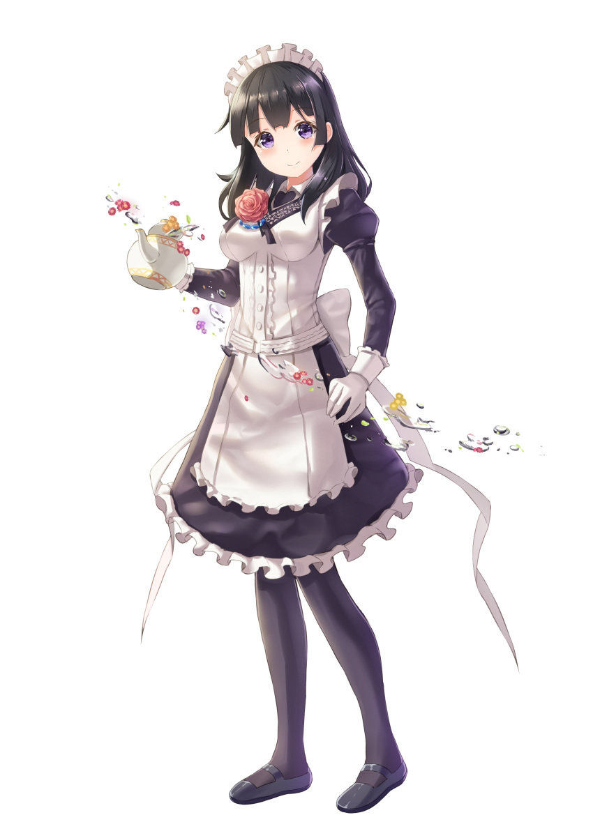 1girl absurdres akiba's_trip akiba's_trip apron bangs black_dress black_footwear black_hair blush breasts brown_legwear center_frills character_request closed_mouth commentary_request cup dress eyebrows_visible_through_hair flower frilled_apron frilled_dress frills full_body gloves heart highres holding holding_teapot holmemee juliet_sleeves long_hair long_sleeves maid maid_headdress medium_breasts pantyhose pink_flower pink_rose puffy_sleeves purple_eyes ribbon rose shoes simple_background smile solo standing teacup water white_apron white_background white_gloves white_ribbon