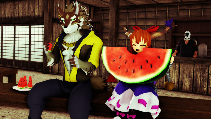 2018 3d_(artwork) anthro black_nose blush brown_hair canine chain claws clothed clothing crossover digital_media_(artwork) eating female food fruit green_eyes hair humanoid male malicekira mammal melon muscular muscular_male oni open_mouth ribbons seth_(tas) sitting smile suika_ibuki teeth tokyo_afterschool_summoners touhou watermelon wolf