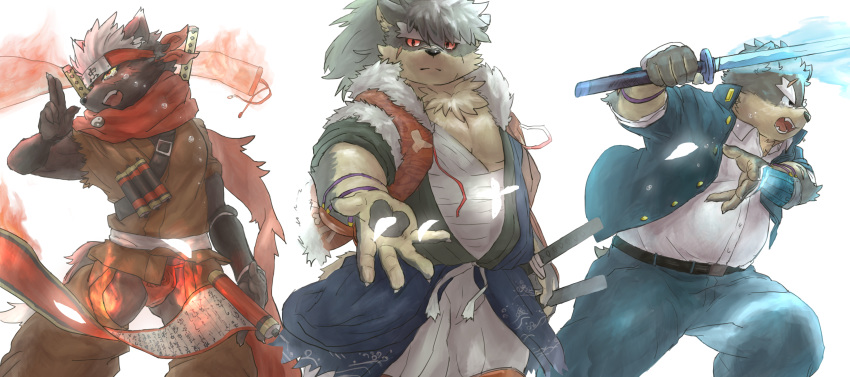 anthro canine clothed clothing crying dog fundoshi headband holding_object holding_weapon japanese_clothing kemono looking_at_viewer male mammal melee_weapon moritaka muscular muscular_male ninja open_mouth overweight ponytail rakuta reaching_out scar shino_(housamo) simple_background slightly_chubby square_crossover standing sword tadatomo tears tokyo_afterschool_summoners underwear weapon