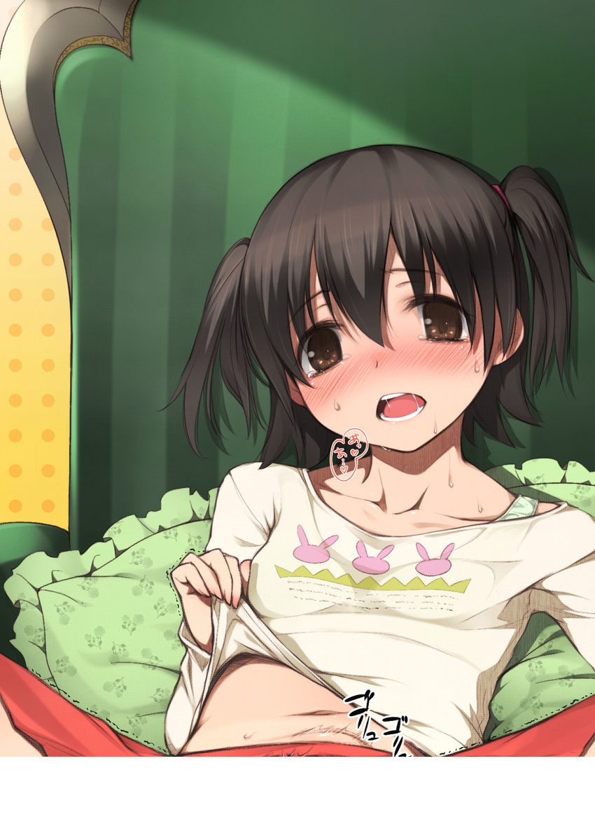 akagi_miria animal_print bad_id bad_pixiv_id black_hair blush brown_eyes bunny_print collarbone floral_print frilled_pillow frills highres idolmaster idolmaster_cinderella_girls long_sleeves navel ooji open_mouth pillow shirt_lift short_hair solo sweat tears trembling twintails two_side_up