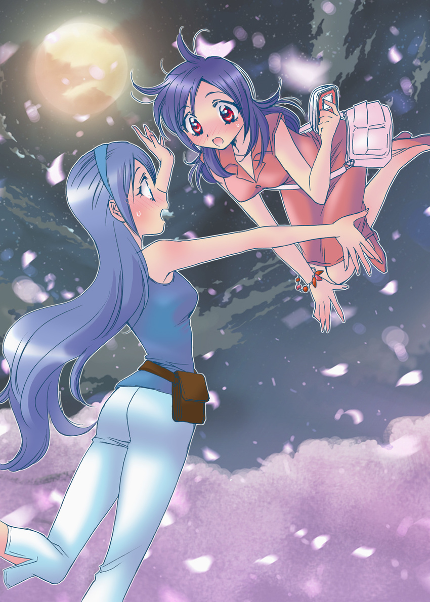 absurdres aono_miki blue_eyes blush bracelet casual cellphone cherry_blossoms couple eye_contact flying fresh_precure! full_moon hairband higashi_setsuna highres jewelry long_hair looking_at_another moon multiple_girls muumin night open_mouth outstretched_arms pants petals phone precure purple_hair red_eyes yuri