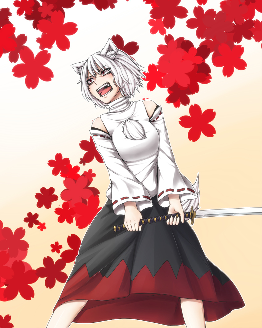 angry animal_ears bare_shoulders detached_sleeves fangs highres inubashiri_momiji katana ldl_(bcw1025) open_mouth red_eyes short_hair skirt solo sword tail teeth touhou weapon white_hair wolf_ears wolf_tail