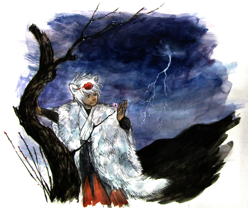 animal_ears bad_id bad_pixiv_id flower graphite_(medium) hat highres inubashiri_momiji japanese_clothes kobuushi lightning long_hair night sky smile solo tokin_hat touhou traditional_media tree white_hair wolf_ears yellow_eyes