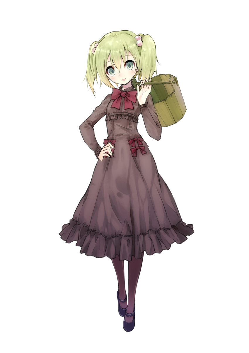 alternate_costume black_legwear bow bucket dress full_body green_eyes green_hair hair_bobbles hair_ornament hand_on_hip highres kisume mary_janes nanabuluku pantyhose shoes short_hair short_twintails simple_background smile solo touhou twintails white_background