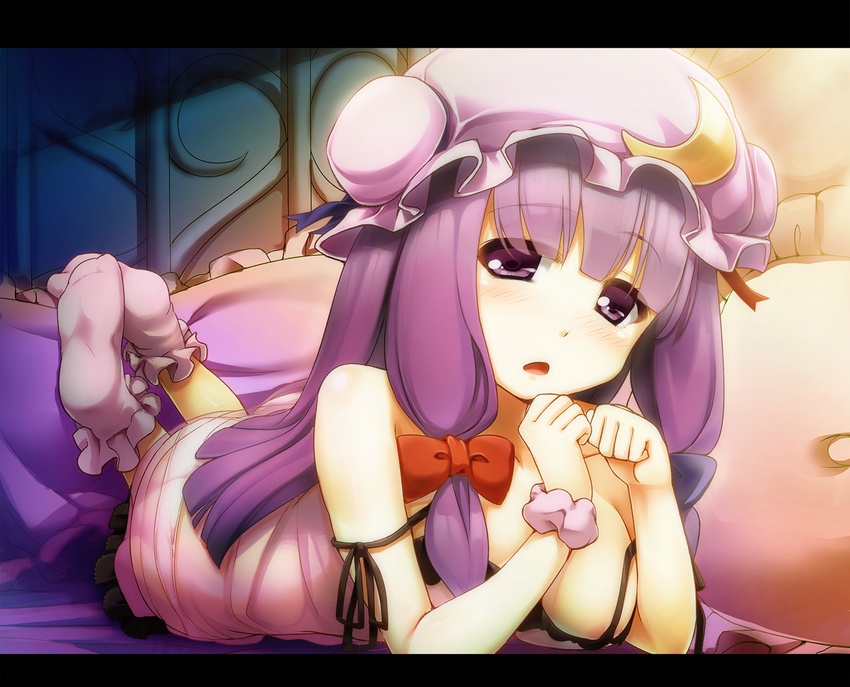 areolae blush bobby_socks breasts crescent hat highres large_breasts letterboxed long_hair looking_at_viewer lying on_stomach panties patchouli_knowledge pillow pink_legwear purple_eyes purple_hair see-through socks solo sorano_(12gou) strap_slip touhou underwear white_panties