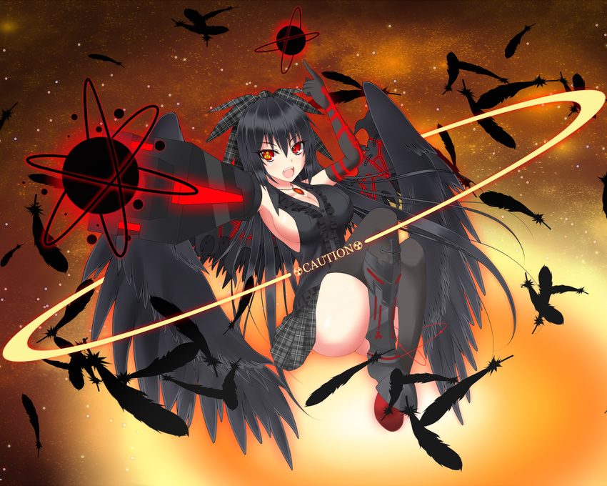 alternate_weapon arm_cannon bird_wings black_gloves black_hair black_legwear black_wings bow breasts cleavage elbow_gloves energy_ball feathers gloves gmot hair_bow highres large_breasts long_hair looking_at_viewer open_mouth pointing pointing_up radiation_symbol red_eyes reiuji_utsuho shirt sideboob skirt sleeveless sleeveless_shirt smile solo space star symbol-shaped_pupils thighhighs third_eye touhou very_long_hair weapon wings zettai_ryouiki