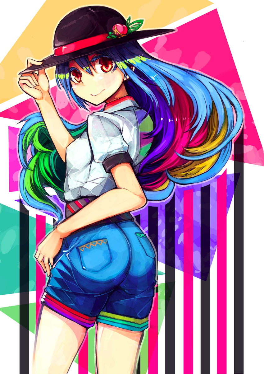 adapted_costume alternate_costume ass contemporary fashion food fruit hand_on_headwear hat highres hinanawi_tenshi kimiterary long_hair looking_at_viewer multicolored multicolored_hair peach rainbow_hair red_eyes shorts smile solo touhou