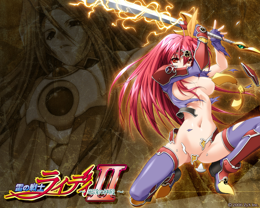 1girl areola areolae belly breasts fingerless_gloves gloves hair_ribbon headgear ikazuchi_no_senshi_raidy ikazuchi_no_senshi_raidy_ii lightning long_hair mound_of_venus navel red_eyes red_hair ribbon sword torn_clothes wallpaper weapon