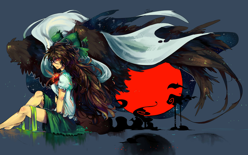 artist_name bow brown_hair cape dated hair_bow highres knifedragon large_wings long_hair red_eyes reiuji_utsuho sitting skirt solo star_(sky) third_eye torn_clothes touhou wings