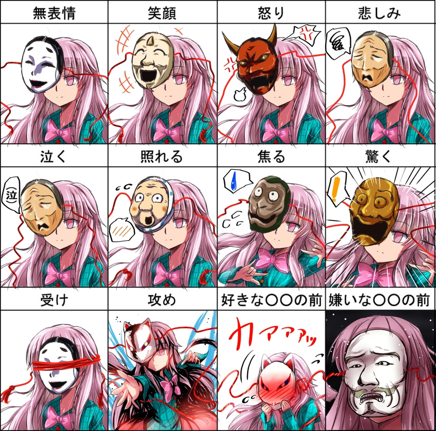 +++ 1girl \m/ anger_vein blush bow emphasis_lines expression_chart expressionless expressions face_mask flying_sweatdrops fox_mask hata_no_kokoro highres long_hair long_sleeves mask multiple_views oni_mask pink_eyes pink_hair plaid plaid_shirt rpg-exen shirt skirt spoken_anger_vein spoken_blush spoken_exclamation_mark spoken_squiggle spoken_sweatdrop squiggle sweatdrop touhou translated very_long_hair wide_sleeves