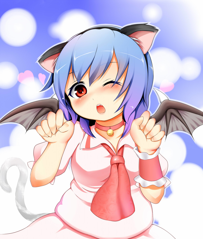 animal_ears bat_wings blue_eyes cat_ears collar fey_(broken_cage) heart highres one_eye_closed paw_pose red_eyes remilia_scarlet solo touhou wings wrist_cuffs