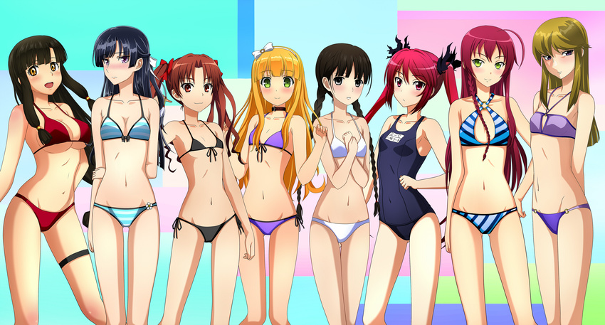 :d ahoge arm_behind_back arms_behind_back azuki_azusa bare_shoulders bikini black_hair blonde_hair blush bow braid breasts brown_hair cleavage cleavage_cutout collar crossover cthugha_(nyaruko-san) flat_chest flower front-tie_top green_eyes hair_bow hair_tubes haiyore!_nyaruko-san hand_on_hip hataraku_maou-sama! hentai_ouji_to_warawanai_neko. highres kakumeiki_valvrave kenken kugimiya_kei large_breasts legs long_hair lowleg lowleg_bikini majestic_prince micro_bikini multiple_girls navel one-piece_swimsuit open_mouth purple_eyes rdg_red_data_girl red_hair rukino_saki saaya_(suisei_no_gargantia) school_swimsuit season_connection shirai_kuroko side-tie_bikini side_braid small_breasts smile striped striped_bikini striped_swimsuit suisei_no_gargantia suzuhara_izumiko swimsuit thighs to_aru_kagaku_no_railgun to_aru_majutsu_no_index twin_braids twintails yusa_emi