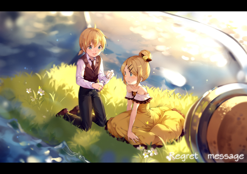 1boy 1girl allen_avadonia bare_arms bare_shoulders black_neckwear blonde_hair blue_eyes blurry blush bottle brother_and_sister brown_footwear collarbone cork corked_bottle daisy depth_of_field dress evillious_nendaiki flat_chest flower frilled_dress frills grass hair_bun hair_ornament hairclip highres hmniao holding holding_bottle in_bottle in_container kagamine_len kagamine_rin kneeling light_particles message_in_a_bottle necktie ocean paper regret_message_(vocaloid) riliane_lucifen_d'autriche riliane_lucifen_d'autriche shirt shoes short_hair siblings sleeveless sleeveless_blazer sleeveless_dress smile song_name sparkle sparkle_background sunset twilight twins vocaloid water_surface white_flower white_shirt yellow_dress younger