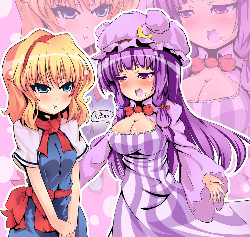 alice_margatroid blonde_hair blue_eyes blush bow breast_envy breasts capelet cleavage crescent dress hair_ribbon hairband hat highres large_breasts long_hair multiple_girls patchouli_knowledge pout purple_eyes purple_hair ribbon saliva short_hair sylphidehachioji touhou