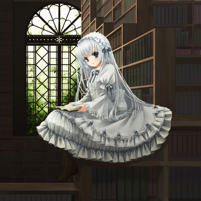 blue_eyes blush book bookshelf bow coluel dress frilled_dress frills gothic_lolita hair_ornament hairband headband highres holding holding_book library lolita_fashion lolita_hairband long_hair looking_at_viewer open_book open_mouth original purple_eyes ribbon shoes silver_hair sitting skirt solo too_many too_many_books white_dress