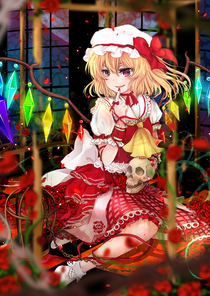 absurdres ascot birdcage blonde_hair blush bobby_socks cage chain checkered checkered_floor choker crystal doraka fang finger_to_mouth flandre_scarlet floral_print flower full_moon hat hat_ribbon highres moon nail_polish night open_mouth petals puffy_sleeves red_eyes red_flower red_rose ribbon rose rose_petals short_hair side_ponytail sitting skirt skull smile socks solo touhou vest wariza window wings wrist_cuffs